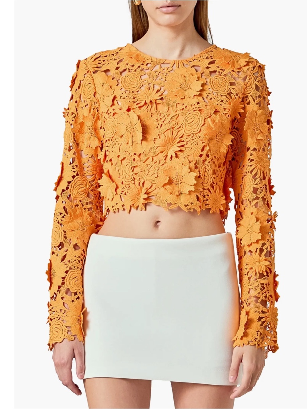 Endless Rose Orange Floral Lace Long Sleeve Crop Top XS